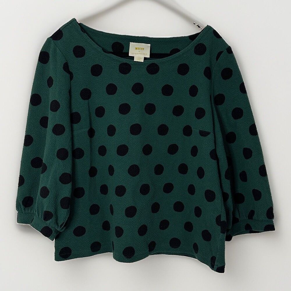 Maeve by Anthropologie Green Black Polka Dot Textured Puff Sleeve Top Blouse L